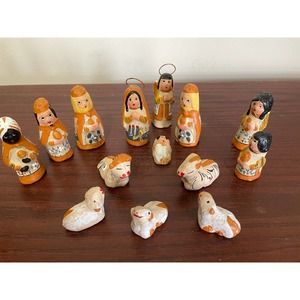 Vintage 14 Piece Hand Painted Clay Nativity Set, Please Read Details
